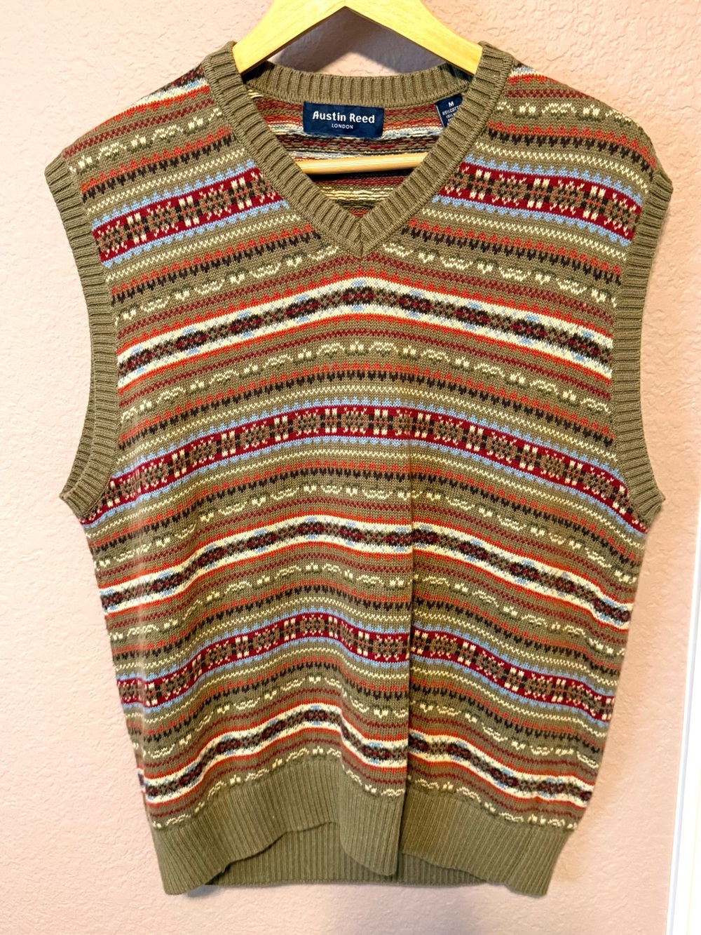 Austin Reed Olive Multi-Stripe V-Neck Sweater Vest